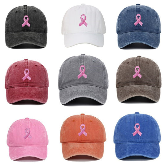Breast Cancer Awareness Pink Ribbon Embroidered Baseball Cap, Washed Cotton Snapback, Unisex Outdoor Casual Adjustable Sun Hat Hair Accessories