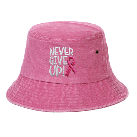 Breast Cancer Awareness Pink Ribbon Embroidered Letter NEVER GIVE UP Washed Cotton Bucket Hat Cap Wholesale