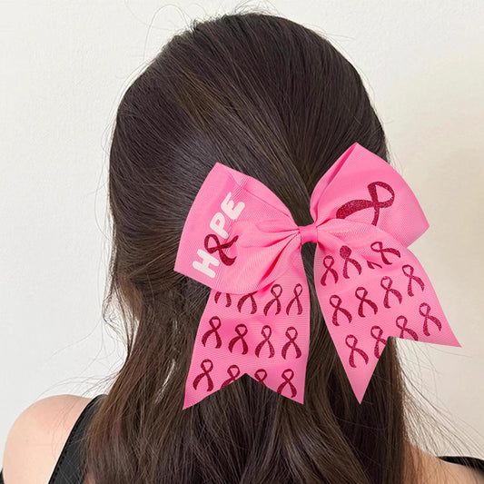 Breast Cancer Awareness Cheer Bows Pink Ribbon Cheerleaders Hair Bow Tie with Elastic Bands Ponytail Holder Hair Accessories for Women Girls Wholesale