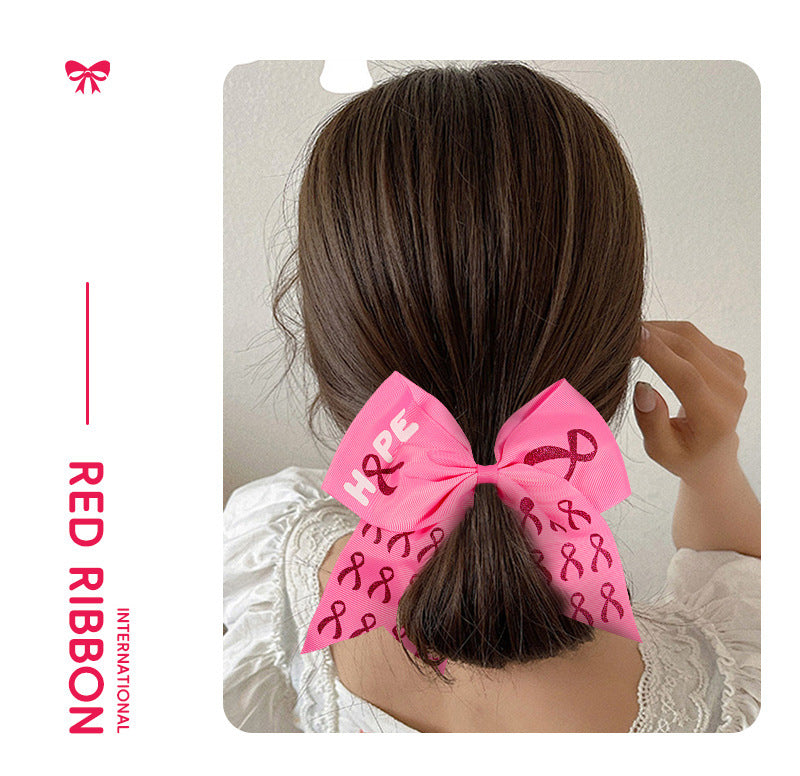 Breast Cancer Awareness Cheer Bows Pink Ribbon Cheerleaders Hair Bow Tie with Elastic Bands Ponytail Holder Hair Accessories for Women Girls Wholesale