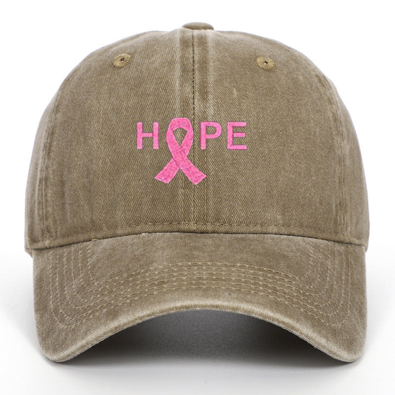 Breast Cancer Awareness Pin Ribbon Hope Letter Embroidered Baseball Cap, Washed Cotton Snapback, Unisex Outdoor Casual Sun Hat