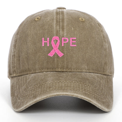 Breast Cancer Awareness Pin Ribbon Hope Letter Embroidered Baseball Cap, Washed Cotton Snapback, Unisex Outdoor Casual Sun Hat