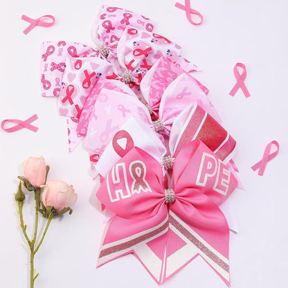 Breast Cancer Awareness Cheer Bows Pink Ribbon 7 Inch Hair Band Elastic Scrunchies Cheerleading Hair Accessories for Teens Women