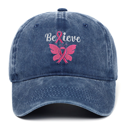 Breast Cancer Awareness Pink Ribbon Adjustable Snapback Cap, Embroidered "Believe" with Pink Ribbon & Butterfly on Cotton-Denim Hat