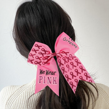 Breast Cancer Awareness Cheer Bows Pink Ribbon 7 Inch Hair Band Elastic Scrunchies Cheerleading Hair Accessories for Teens Women