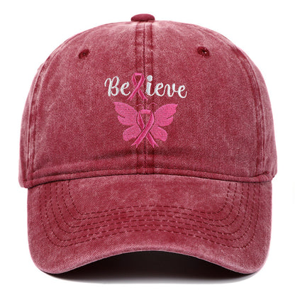 Breast Cancer Awareness Pink Ribbon Adjustable Snapback Cap, Embroidered "Believe" with Pink Ribbon & Butterfly on Cotton-Denim Hat