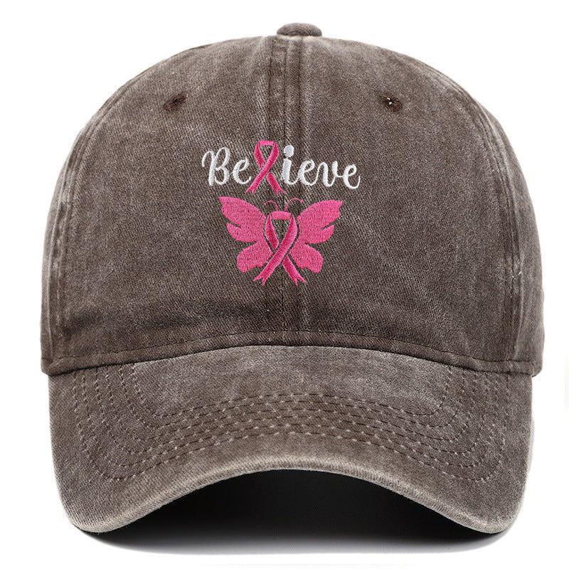 Breast Cancer Awareness Pink Ribbon Adjustable Snapback Cap, Embroidered "Believe" with Pink Ribbon & Butterfly on Cotton-Denim Hat