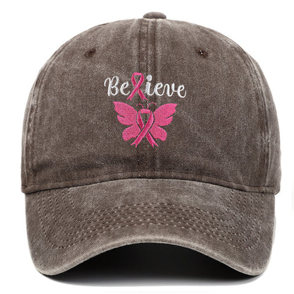 Breast Cancer Awareness Pink Ribbon Adjustable Snapback Cap, Embroidered "Believe" with Pink Ribbon & Butterfly on Cotton-Denim Hat