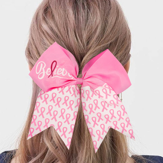 7 Inch Breast Cancer Awareness Cheer Bows Pink Ribbon Hair Band Elastic Scrunchies Cheerleading with Hair Band Hair Accessories for Teens Women