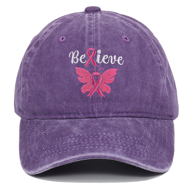 Breast Cancer Awareness Pink Ribbon Adjustable Snapback Cap, Embroidered "Believe" with Pink Ribbon & Butterfly on Cotton-Denim Hat