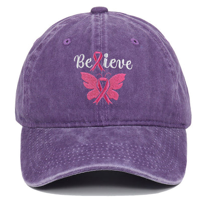 Breast Cancer Awareness Pink Ribbon Adjustable Snapback Cap, Embroidered "Believe" with Pink Ribbon & Butterfly on Cotton-Denim Hat