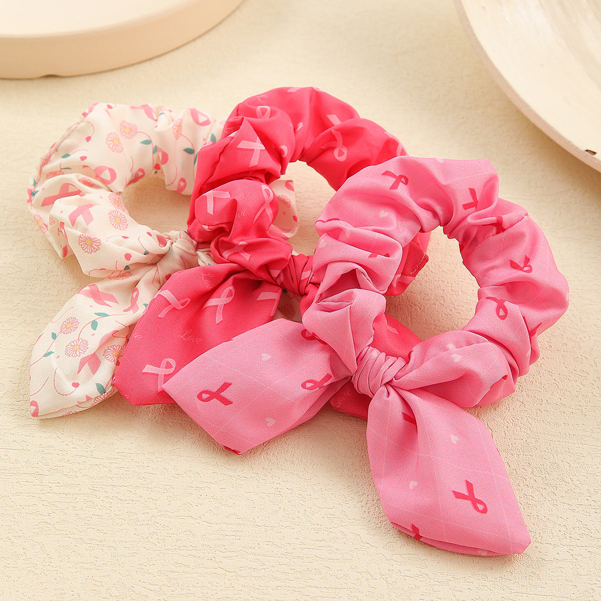 Pink Ribbon Cute Bow Bunny Ears Scrunchies Hair Ties Silk Satin Scrunchy  Hair Elastic Ponytail Holder Bobbles Soft Elegant Elastic Hair Bands Charity Hair Accessories