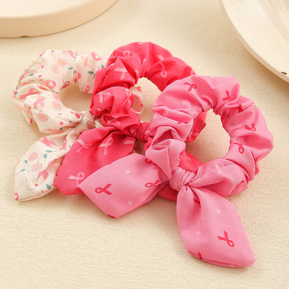 Pink Ribbon Cute Bow Bunny Ears Scrunchies Hair Ties Silk Satin Scrunchy  Hair Elastic Ponytail Holder Bobbles Soft Elegant Elastic Hair Bands Charity Hair Accessories