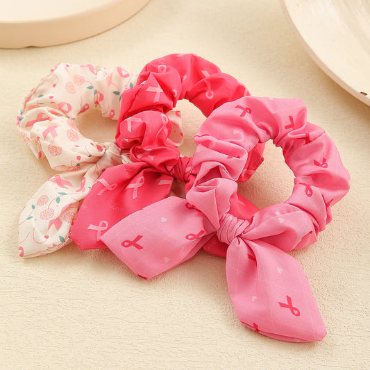 Pink Ribbon Cute Bow Bunny Ears Scrunchies Hair Ties Silk Satin Scrunchy  Hair Elastic Ponytail Holder Bobbles Soft Elegant Elastic Hair Bands Charity Hair Accessories