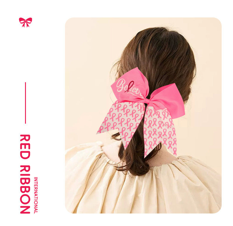 7 Inch Breast Cancer Awareness Cheer Bows Pink Ribbon Hair Band Elastic Scrunchies Cheerleading with Hair Band Hair Accessories for Teens Women