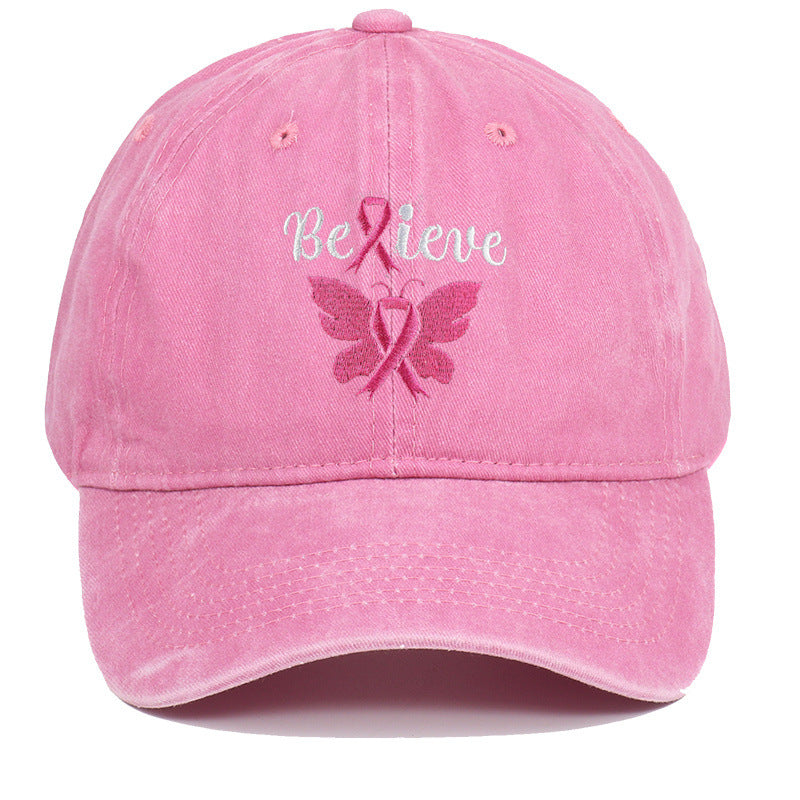 Breast Cancer Awareness Pink Ribbon Adjustable Snapback Cap, Embroidered "Believe" with Pink Ribbon & Butterfly on Cotton-Denim Hat