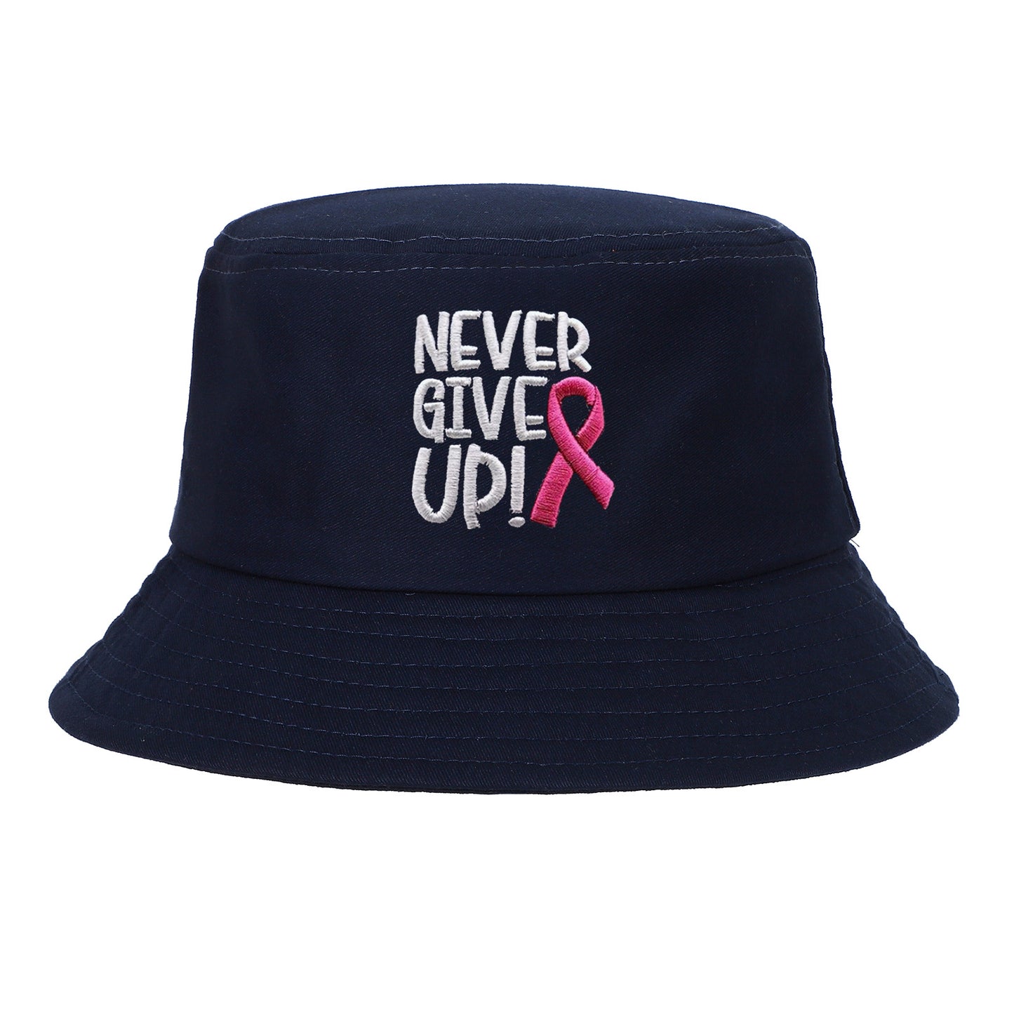 Breast Cancer Awareness Pink Ribbon Embroidered Letter NEVER GIVE UP Washed Cotton Bucket Hat Cap Wholesale