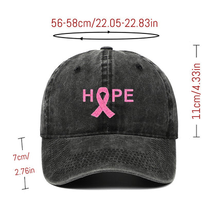 Breast Cancer Awareness Pin Ribbon Hope Letter Embroidered Baseball Cap, Washed Cotton Snapback, Unisex Outdoor Casual Sun Hat