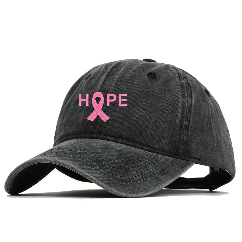 Breast Cancer Awareness Pin Ribbon Hope Letter Embroidered Baseball Cap, Washed Cotton Snapback, Unisex Outdoor Casual Sun Hat