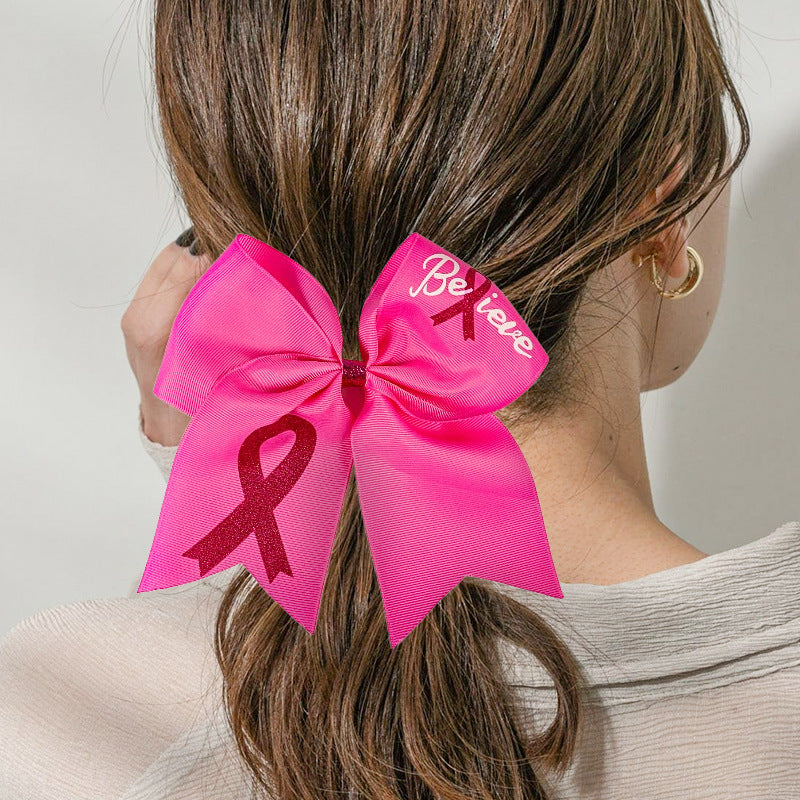 Breast Cancer Awareness Cheer Bows Pink Ribbon 7 Inch Hair Band Elastic Scrunchies Cheerleading with Hair Band Hair Accessories for Teens Women