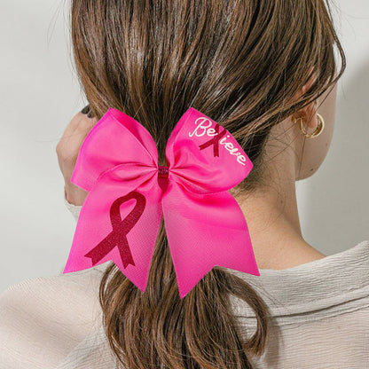 Breast Cancer Awareness Cheer Bows Pink Ribbon 7 Inch Hair Band Elastic Scrunchies Cheerleading with Hair Band Hair Accessories for Teens Women