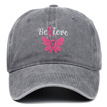 Breast Cancer Awareness Pink Ribbon Adjustable Snapback Cap, Embroidered "Believe" with Pink Ribbon & Butterfly on Cotton-Denim Hat