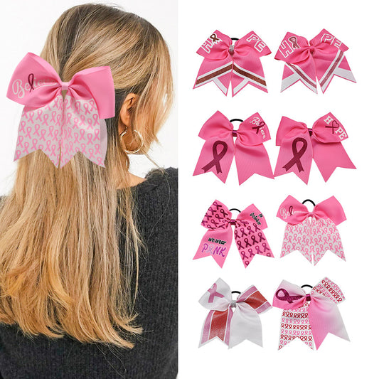 Breast Cancer Awareness 7 Inch Cheer Bow Pink Cheer Bows Large Pink Ribbon Hair Bows Hair Tie Ponytail Holder Hair Accessories for Breast Cancer Month