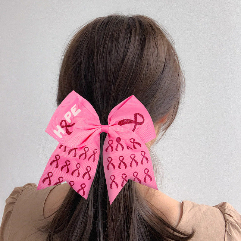 Breast Cancer Awareness Cheer Bows Pink Ribbon Cheerleaders Hair Bow Tie with Elastic Bands Ponytail Holder Hair Accessories for Women Girls Wholesale