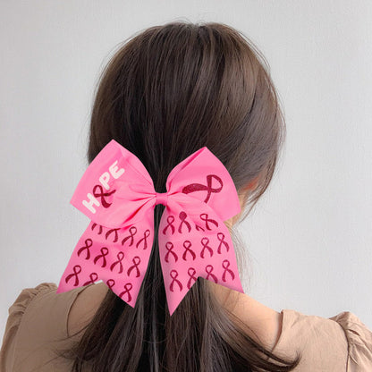 Breast Cancer Awareness Cheer Bows Pink Ribbon Cheerleaders Hair Bow Tie with Elastic Bands Ponytail Holder Hair Accessories for Women Girls Wholesale