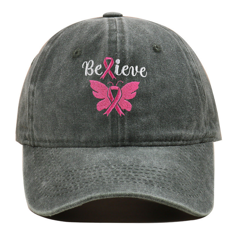 Breast Cancer Awareness Pink Ribbon Adjustable Snapback Cap, Embroidered "Believe" with Pink Ribbon & Butterfly on Cotton-Denim Hat