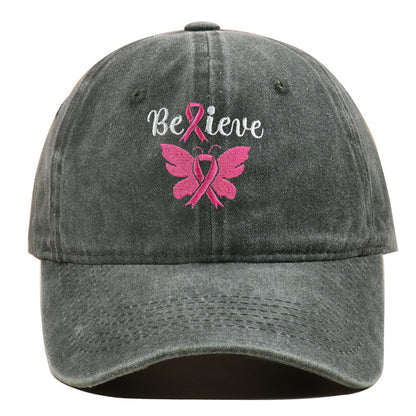Breast Cancer Awareness Pink Ribbon Adjustable Snapback Cap, Embroidered "Believe" with Pink Ribbon & Butterfly on Cotton-Denim Hat