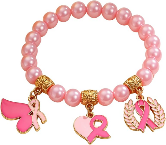 Breast Cancer Awareness Bracelet, Pink Ribbon Charm Beaded Bracelet for Women, Encouragement & Support Breast Cancer Jewelry